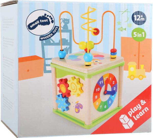 Drvena didaktička kocka s aktivnostima, perlicama na žici, sortiranjem oblika i satom, pogodna za djecu od 12 mjeseci