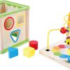 Drvena didaktička kocka s aktivnostima, perlicama na žici, sortiranjem oblika i satom, pogodna za djecu od 12 mjeseci
